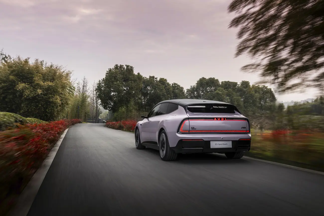 Rear three-quarter view of the AUDI E5 Sportback, the China-only SAIC-Audi EV