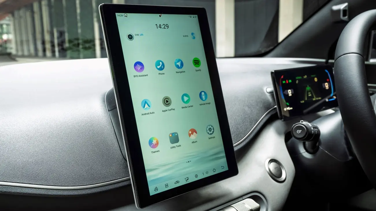 BYD Dolphin Surf interior showing the 10.1-inch rotating touchscreen