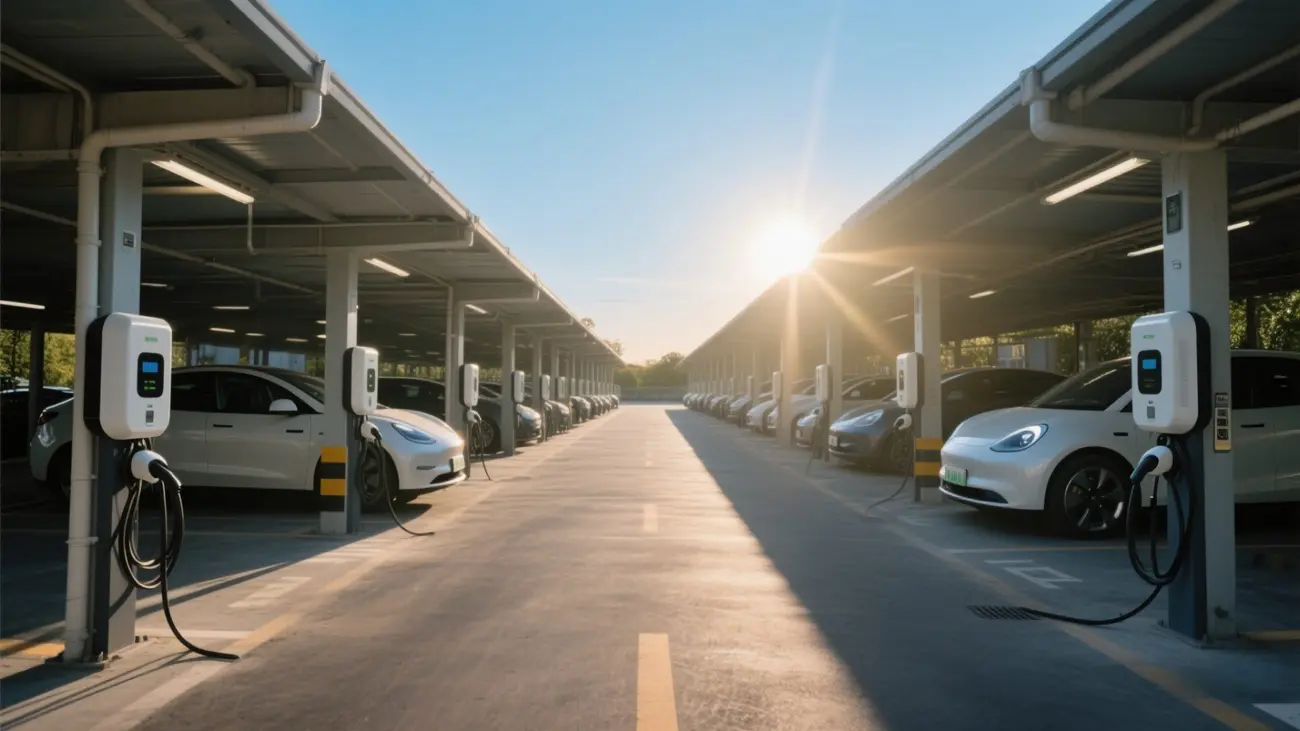 Electric car charging at a station exposed to the sun on a hot day