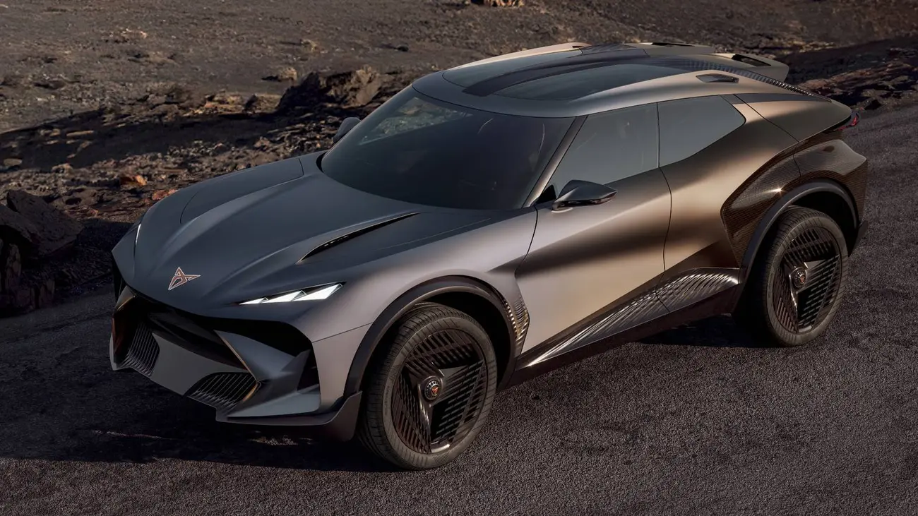 Cupra Tindaya concept from a front three-quarter angle, showing the shark nose and triangular headlights