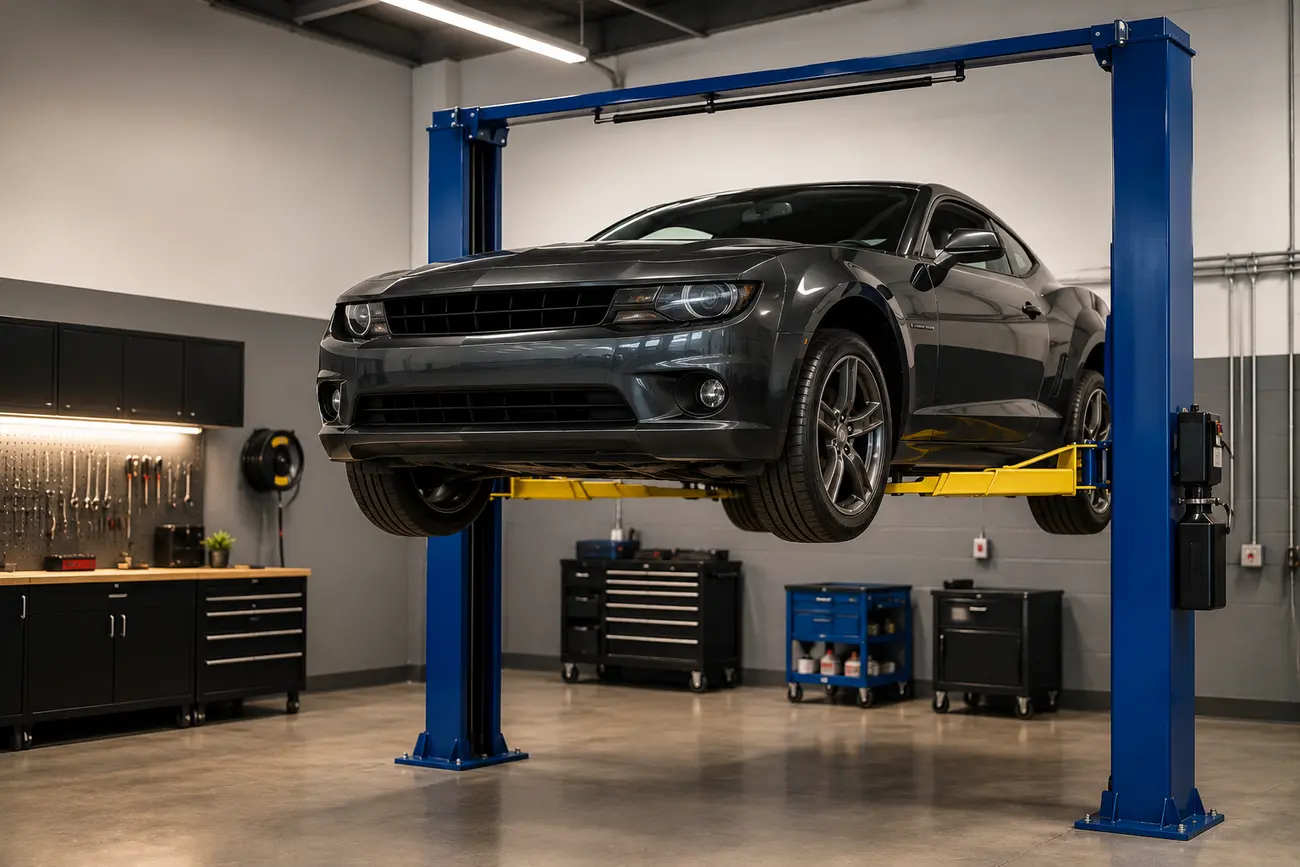 Electric car in a specialist workshop with a technician working on the front section