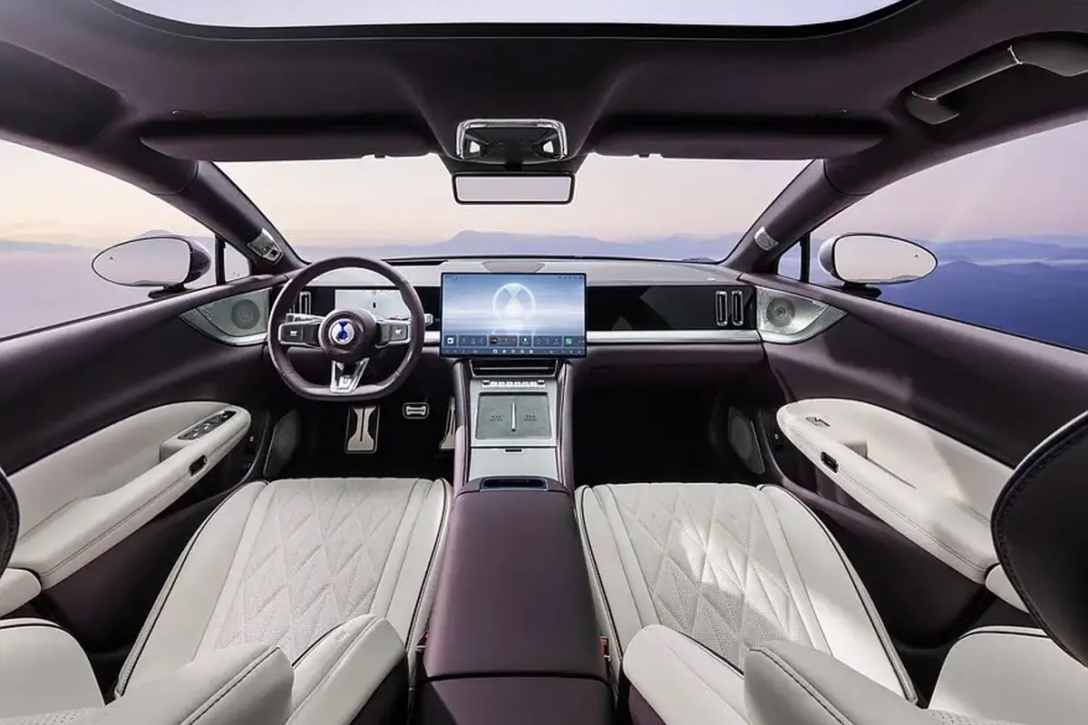 Denza Z9S interior with three-spoke steering wheel and floating central screen