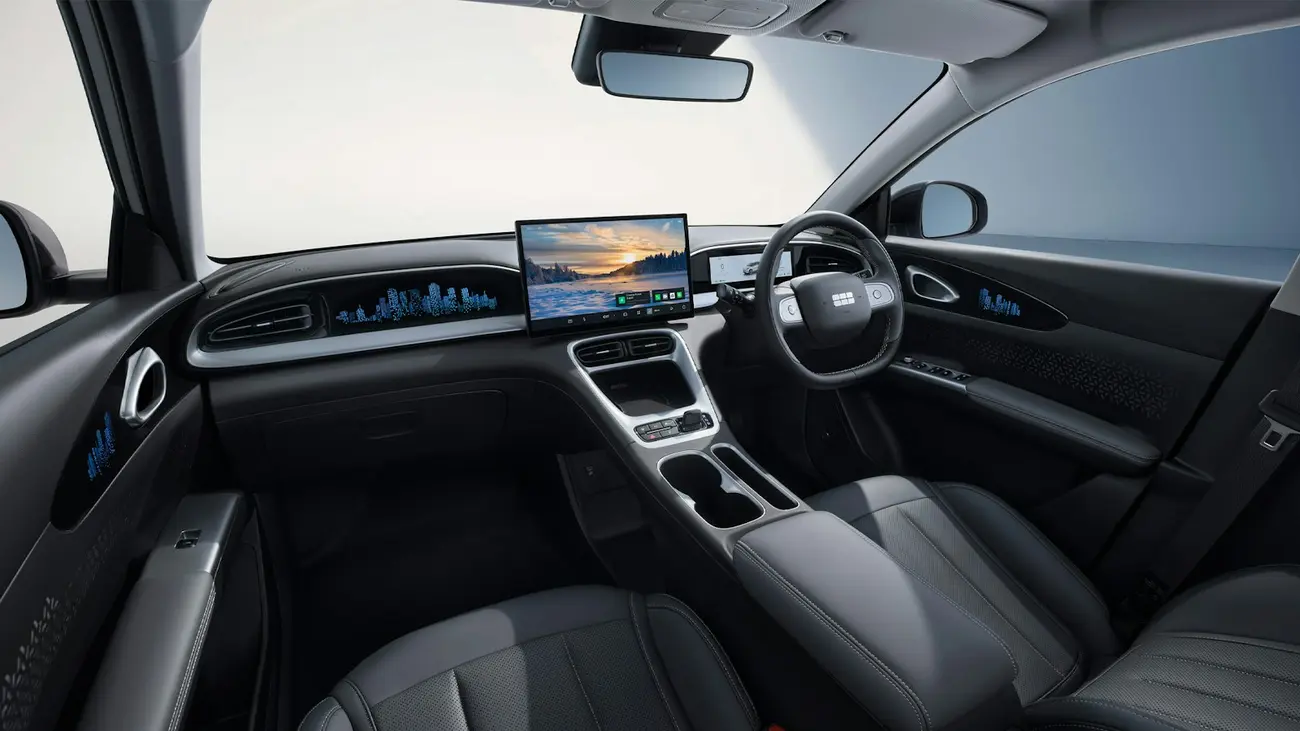 Geely E2 interior showing the 14-inch central screen and minimalist console