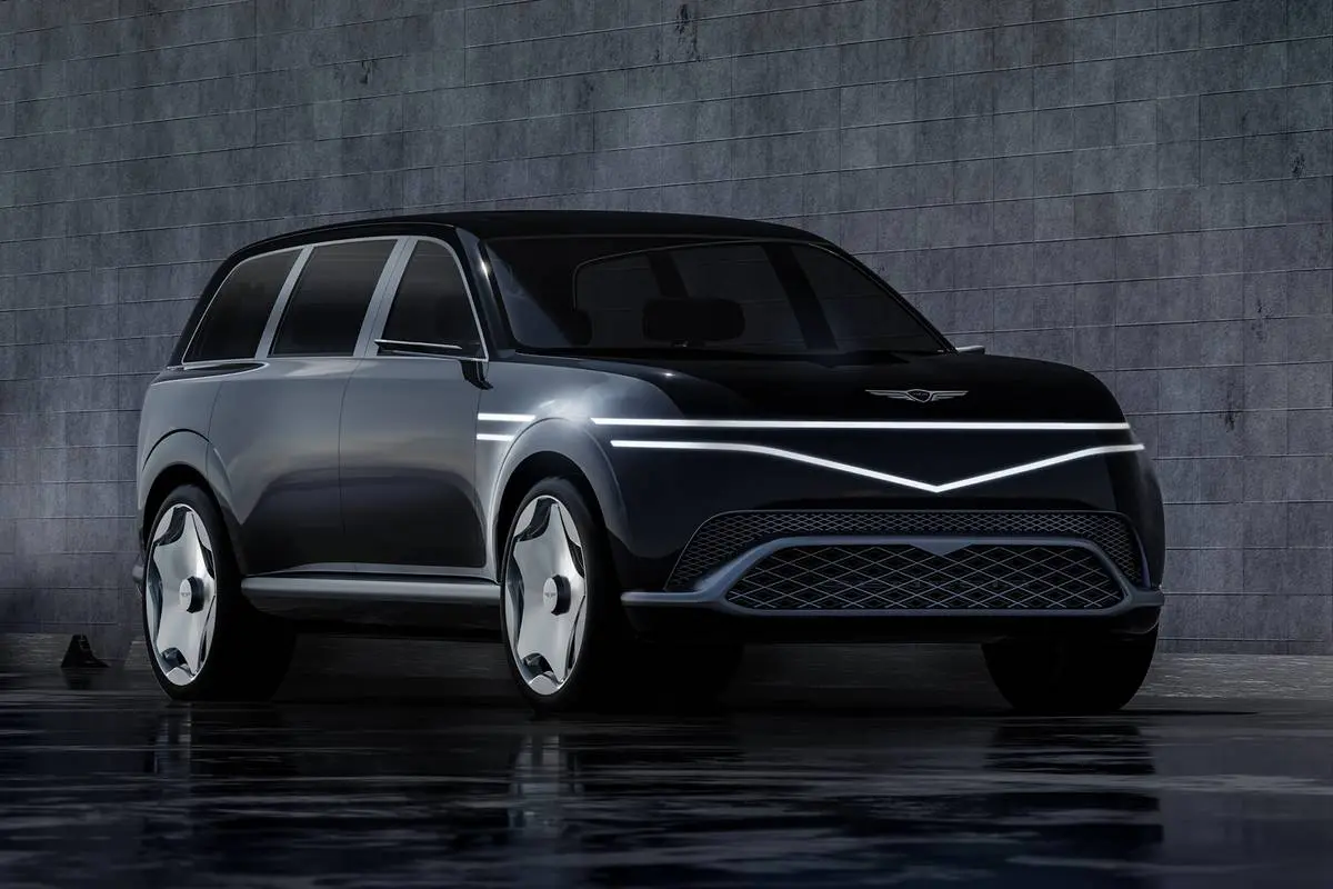 Genesis GV90 SUV elétrico de luxo visto de três quartos à frente