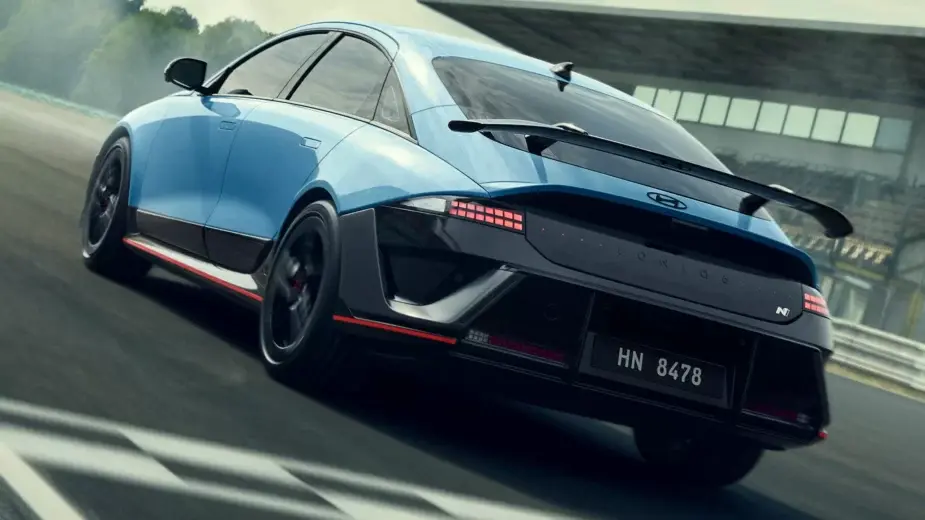 Hyundai Ioniq 6 N rear three-quarter view showing the large rear wing and diffuser