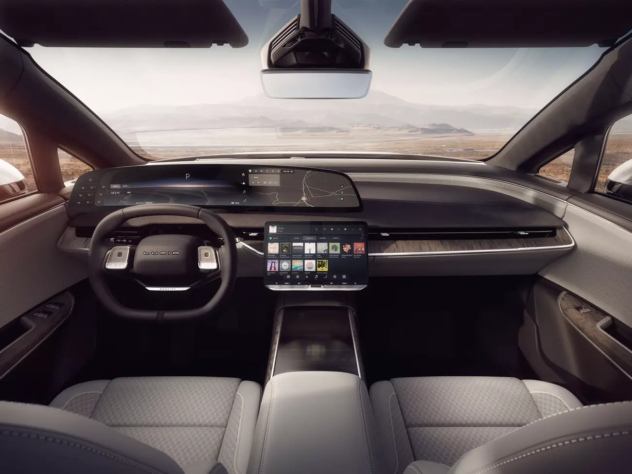 Lucid Gravity cabin showing the curved dashboard and third-row seating