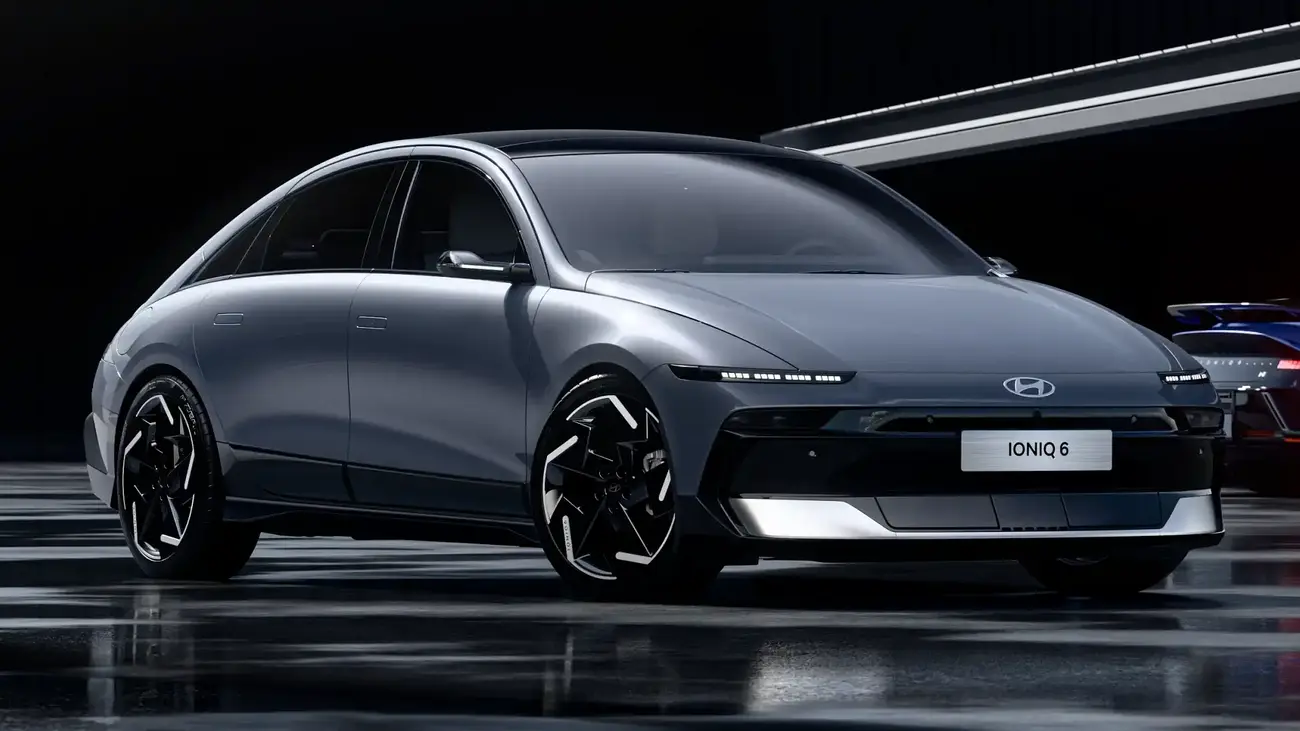 Facelifted Hyundai Ioniq 6 seen from the front three-quarter, showing its aerodynamic silhouette and sloping roofline