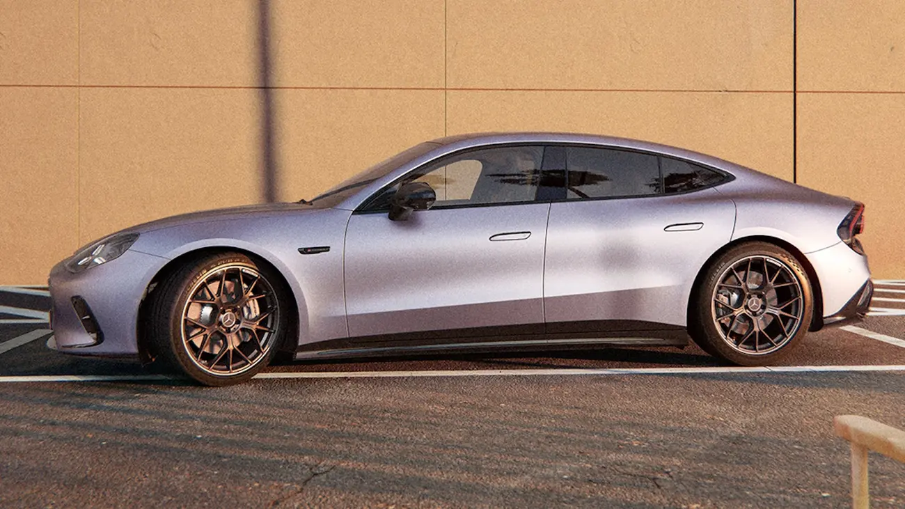 Mercedes-AMG GT 53 4-door electric coupe seen in profile on the road