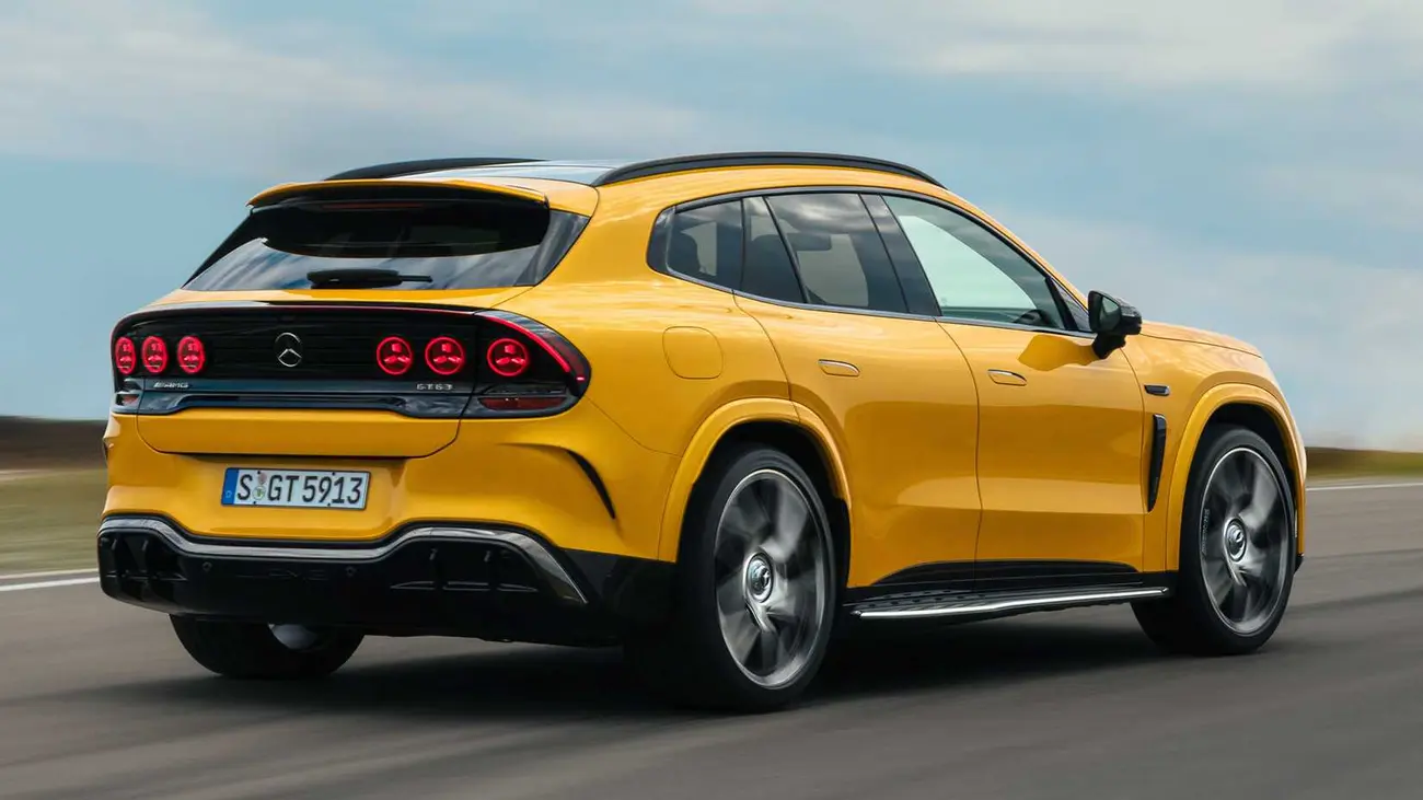 Rear of the Mercedes-AMG GT SUV electric showing the active roof spoiler