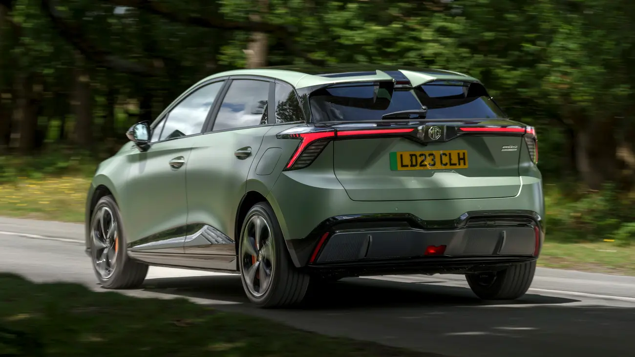 MG4 XPower seen from the rear three-quarter angle, showing its sportier body details