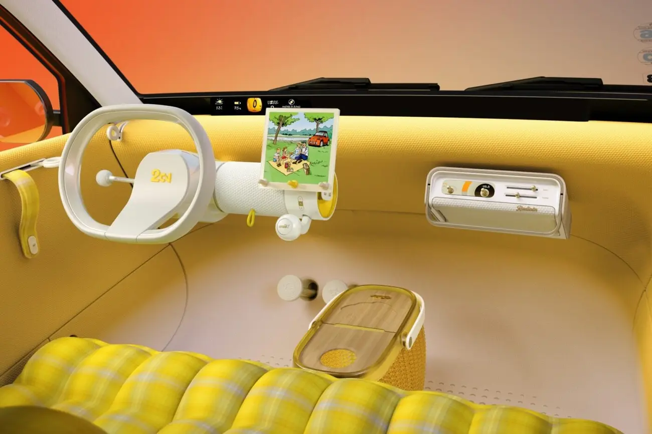 Interior do novo Citroën 2CV elétrico com volante de um só raio e ecrã tátil de 8 polegadas