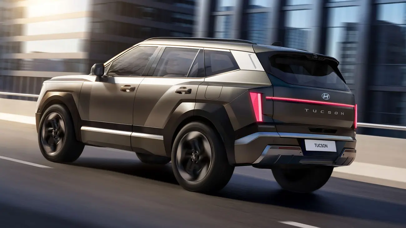 Traseira do novo Hyundai Tucson 2027 com farolins verticais e assinatura luminosa em H