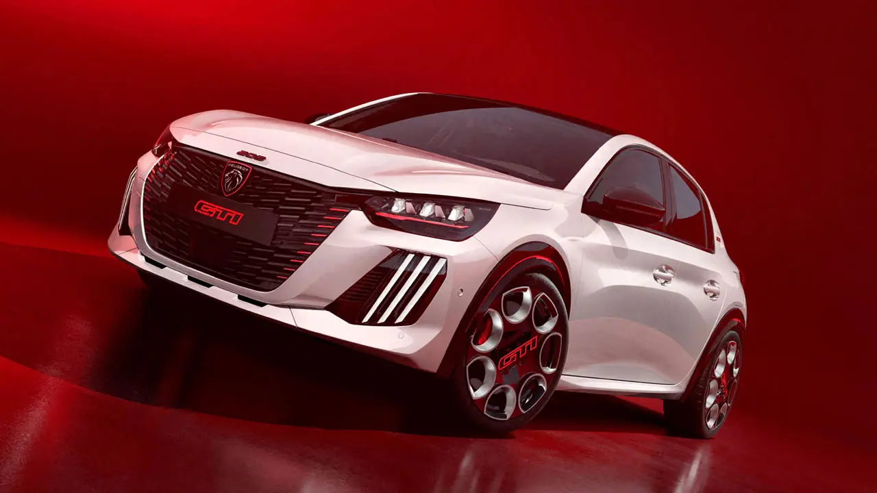 Peugeot E-208 GTi visto de frente, em branco com detalhes vermelhos