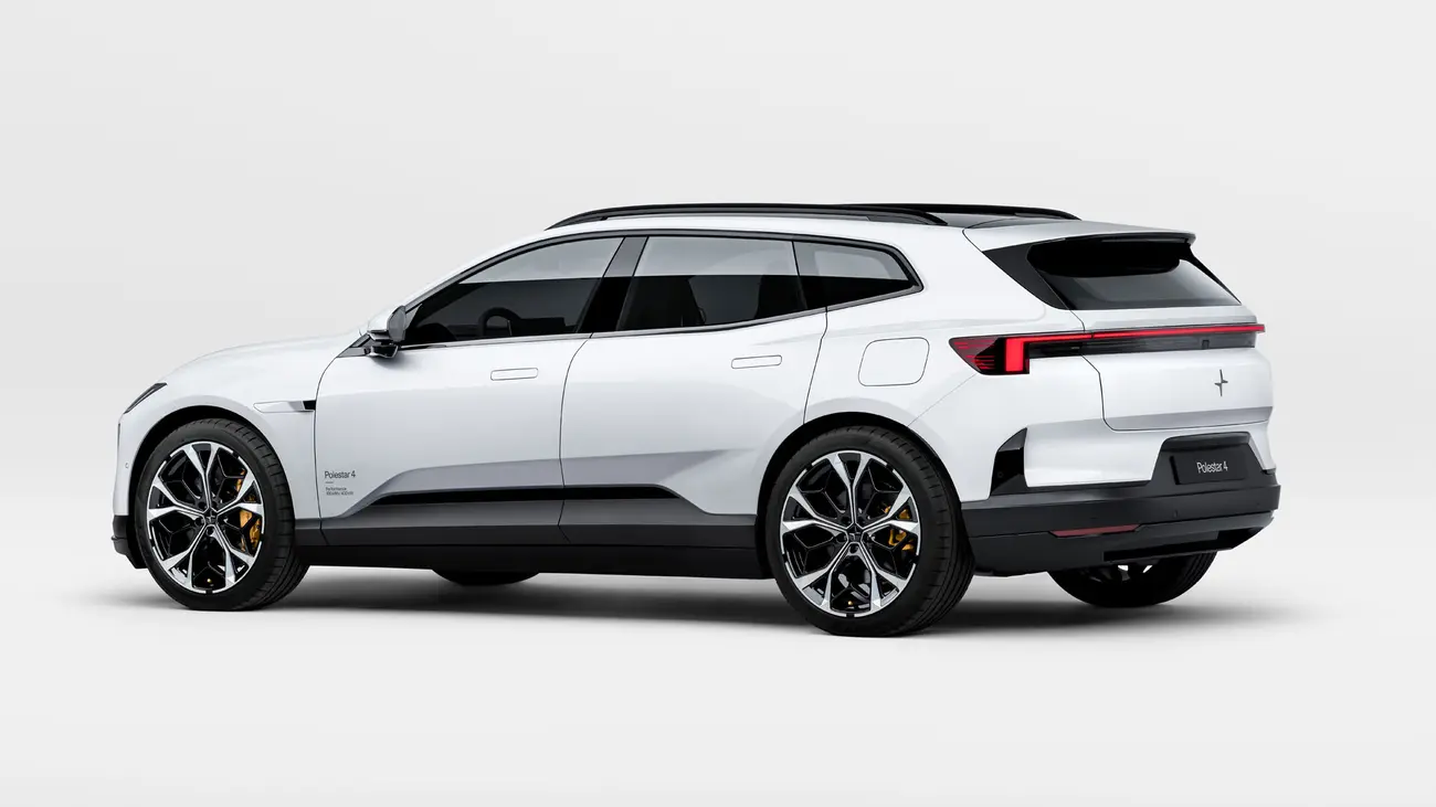 Polestar 4 SUV rear three-quarter view showing the new rear window and upright tailgate