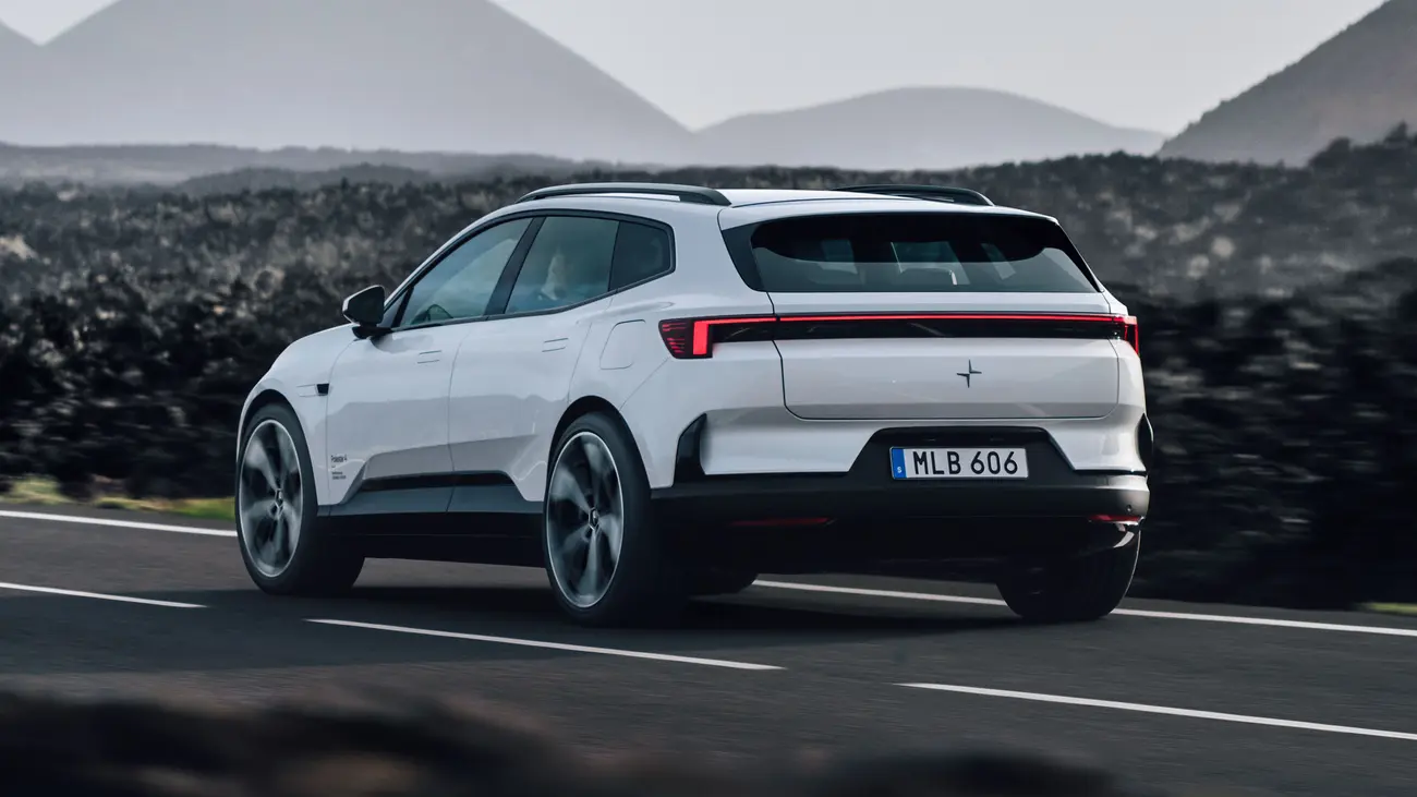 Rear three-quarter view of the Polestar 4 SUV showing its rear window and flatter roofline
