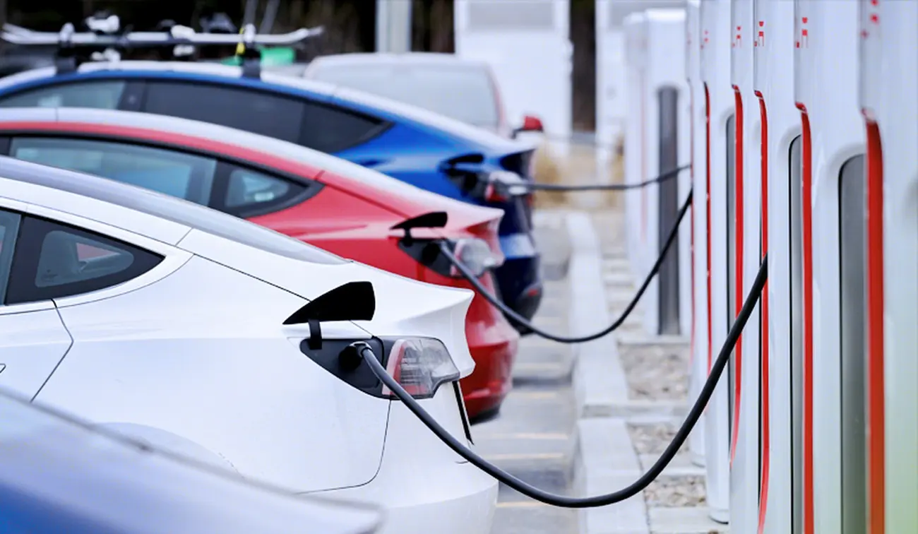 Carro elétrico ligado a um posto de carregamento rápido Tesla