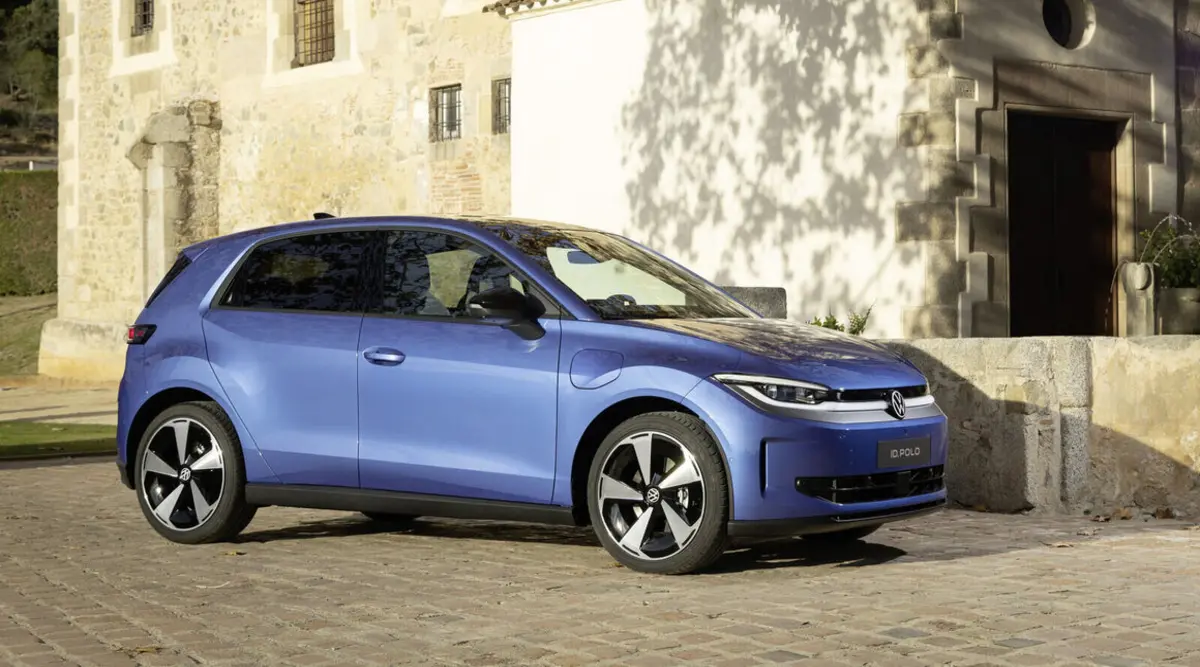 Volkswagen ID. Polo 2026 seen from the front three-quarter angle, outdoors