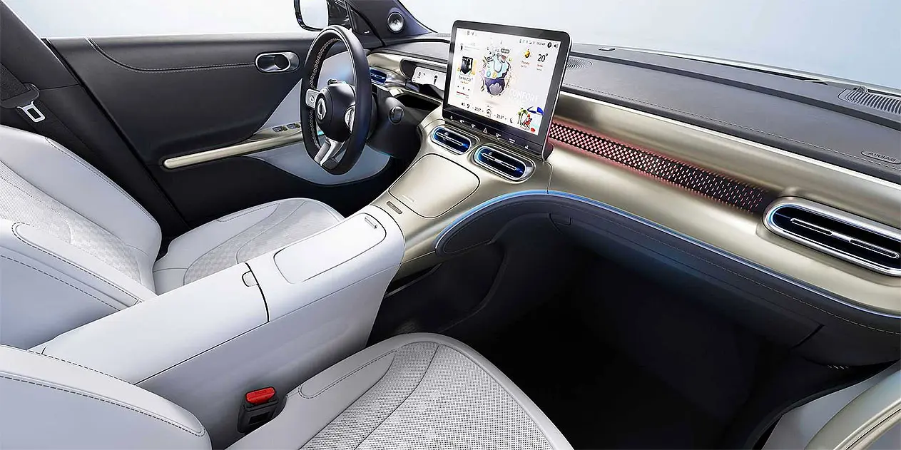 Smart #1 interior showing the central touchscreen and raised centre console