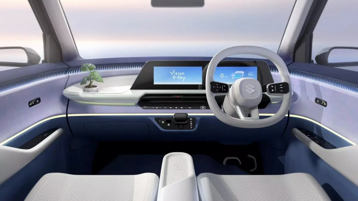 Interior of the Suzuki Vision e-Sky with twin digital screens and a floating centre console