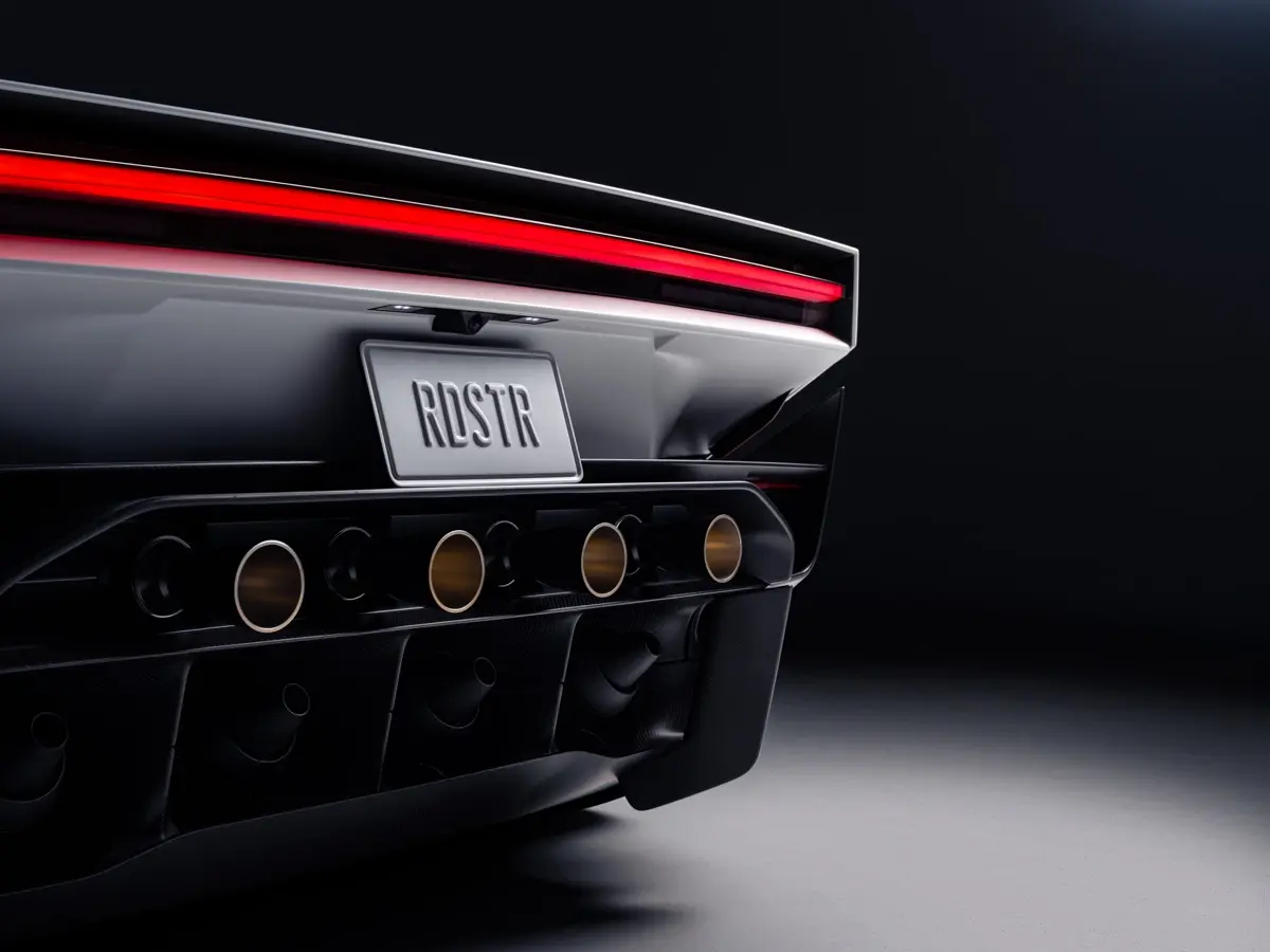 Rear of the Tesla Roadster 2028 showing the active wing and suction fans