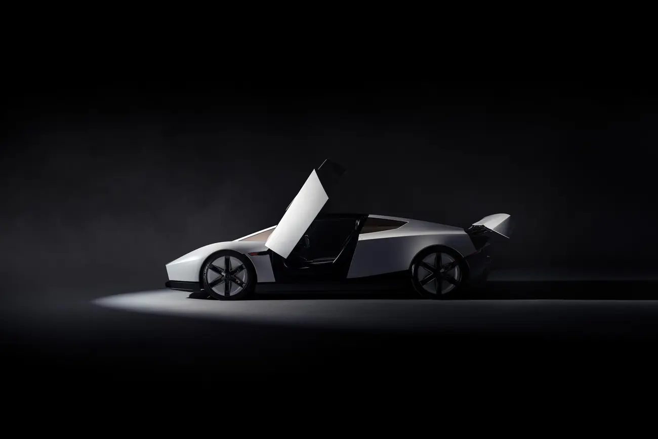 Side profile of the Tesla Roadster 2028 with butterfly doors