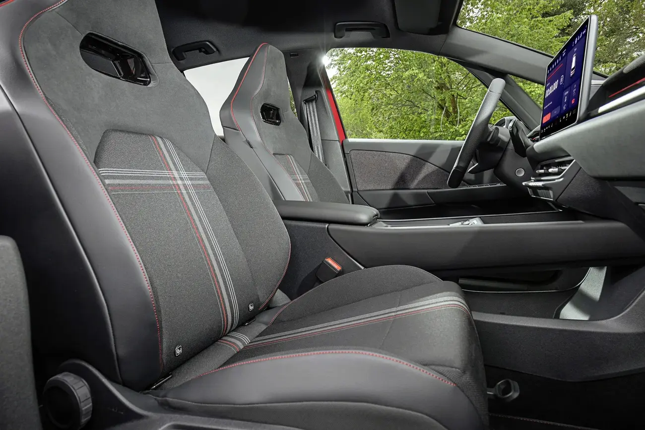 Volkswagen ID.3 GTI interior with Superclark tartan seats and sports steering wheel with red marker