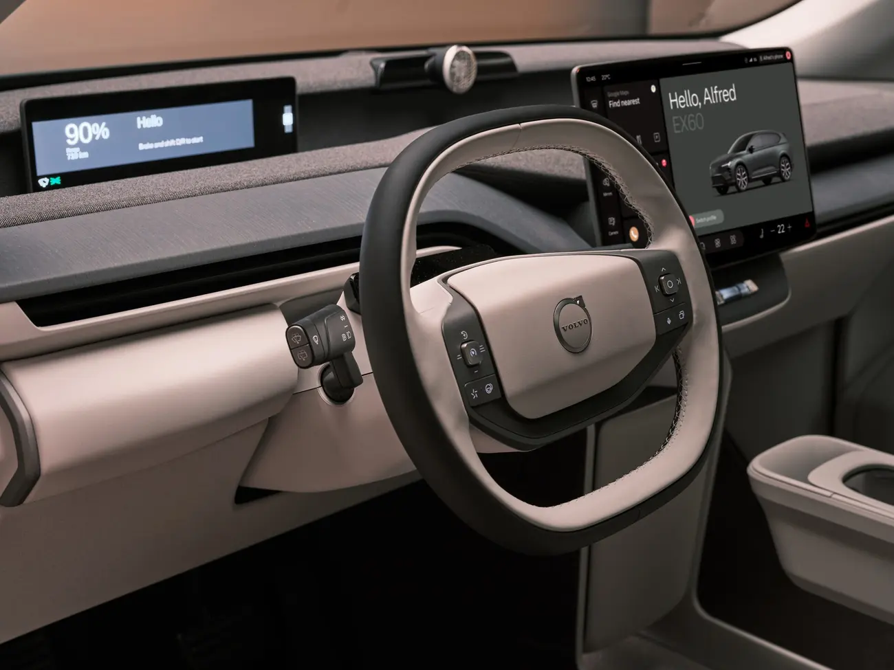 Volvo EX60 interior with 15-inch OLED centre screen and two-spoke steering wheel