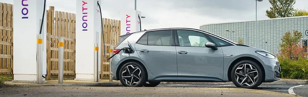 VW ID.3 plugged into a public DC fast charger